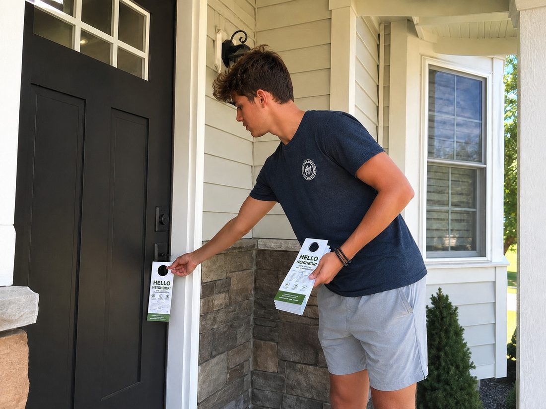 A high school student placing a door hanger on a home's front door