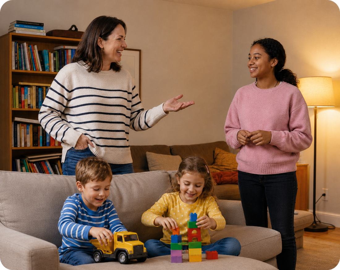 A teen babysitter playing with two young children while a parent looks on