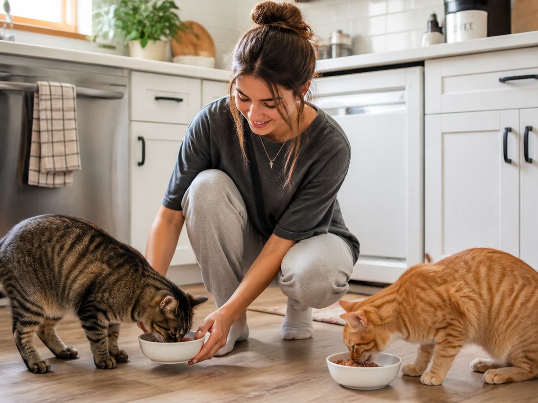 A local student feeding a neighbor's two cats