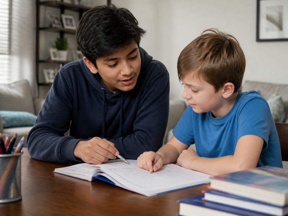 A student tutor helping a younger boy with his homework at the kitchen table