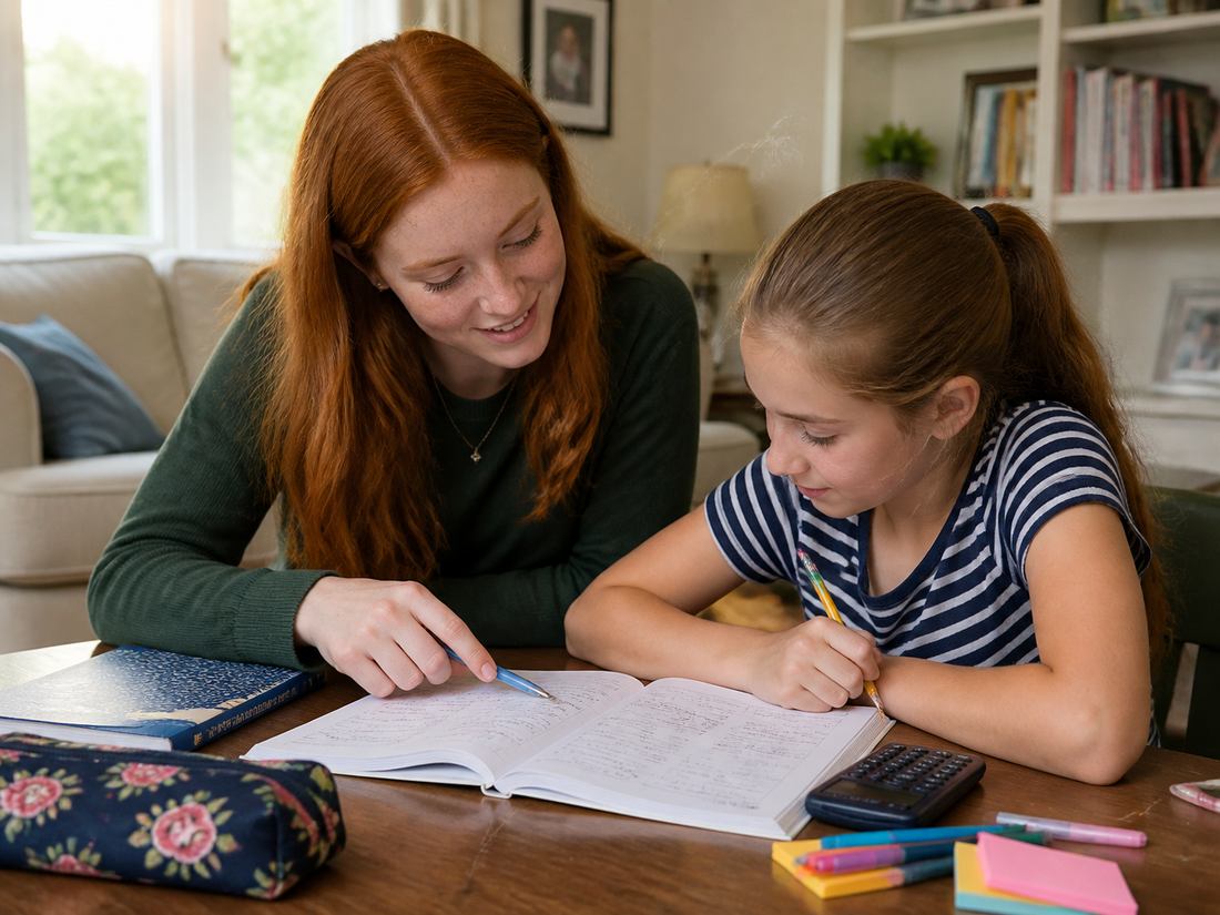 A student tutor helping a younger girl with her homework