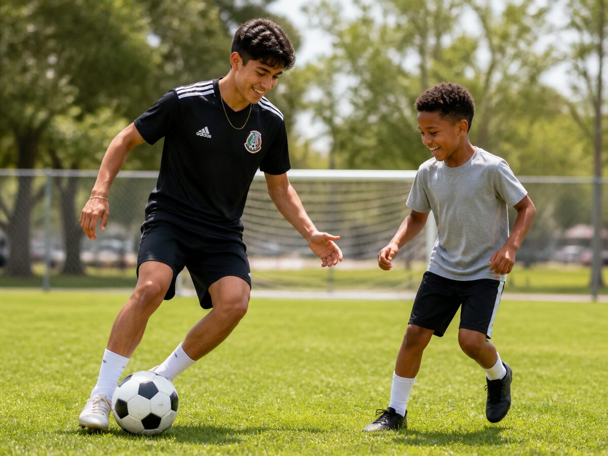 A teenage StudentGigs coach playing soccer with a younger neighborhood kid at a local park